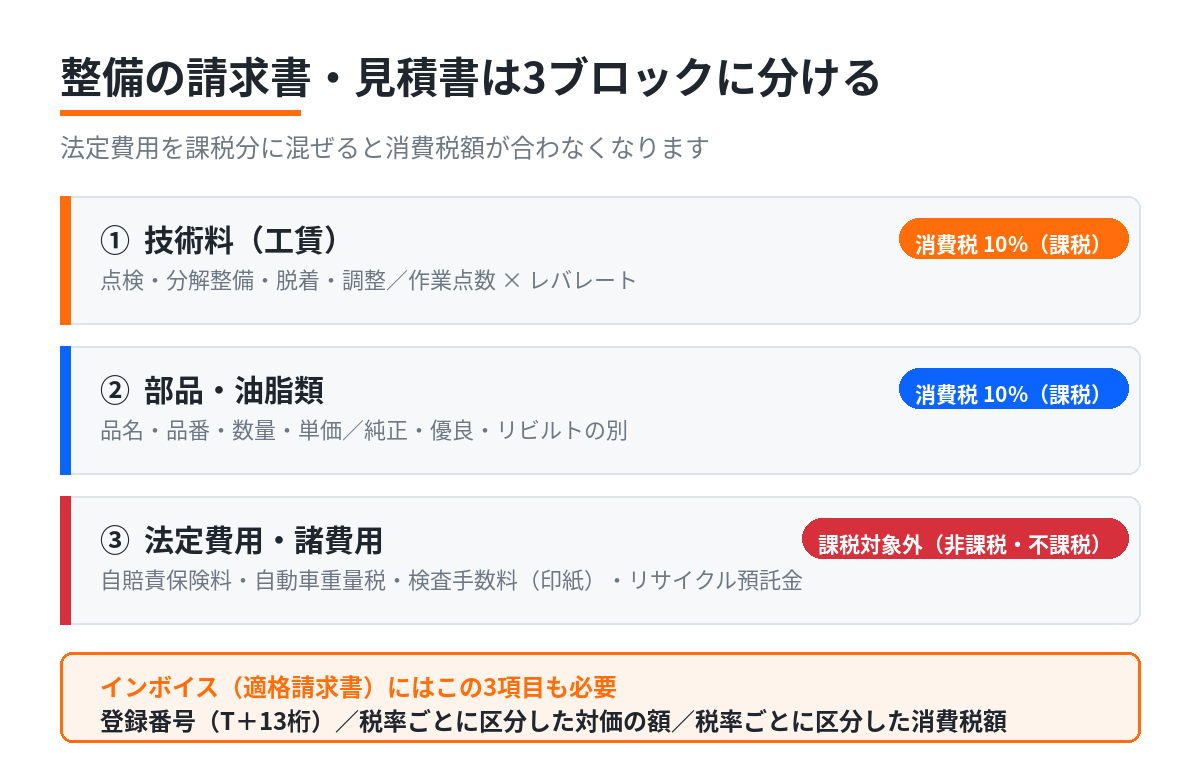整備の請求書・見積書は3ブロックに分ける図。①技術料（工賃）は点検・分解整備・脱着・調整で作業点数×レバレート、消費税10%の課税。②部品・油脂類は品名・品番・数量・単価で純正・優良・リビルトの別、消費税10%の課税。③法定費用・諸費用は自賠責保険料・自動車重量税・検査手数料（印紙）・リサイクル預託金で課税対象外。インボイスには登録番号（T＋13桁）、税率ごとに区分した対価の額、税率ごとに区分した消費税額が必要